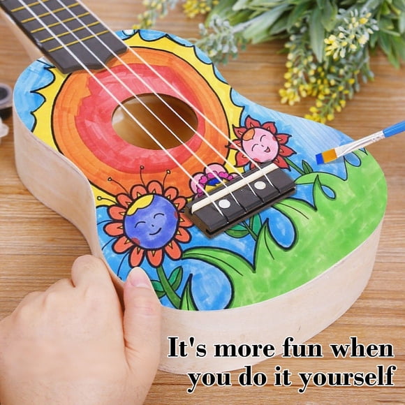 Ukulélé Diy Petite Guitare Sac de Matériel Fait Main pour Enfants Graffiti en Bois Peint Cadeau