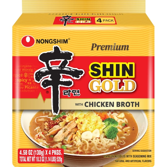 Nongshim Shin Ramyun Gold 4 pack instant noodles with chicken broth flavor, packaged in yellow and red, showing a bowl of ramen with thick noodles, chicken, scrambled eggs, broccoli, and vegetables in spicy broth, 4.58 oz (130g) per pack, total 18.3 oz (520g).