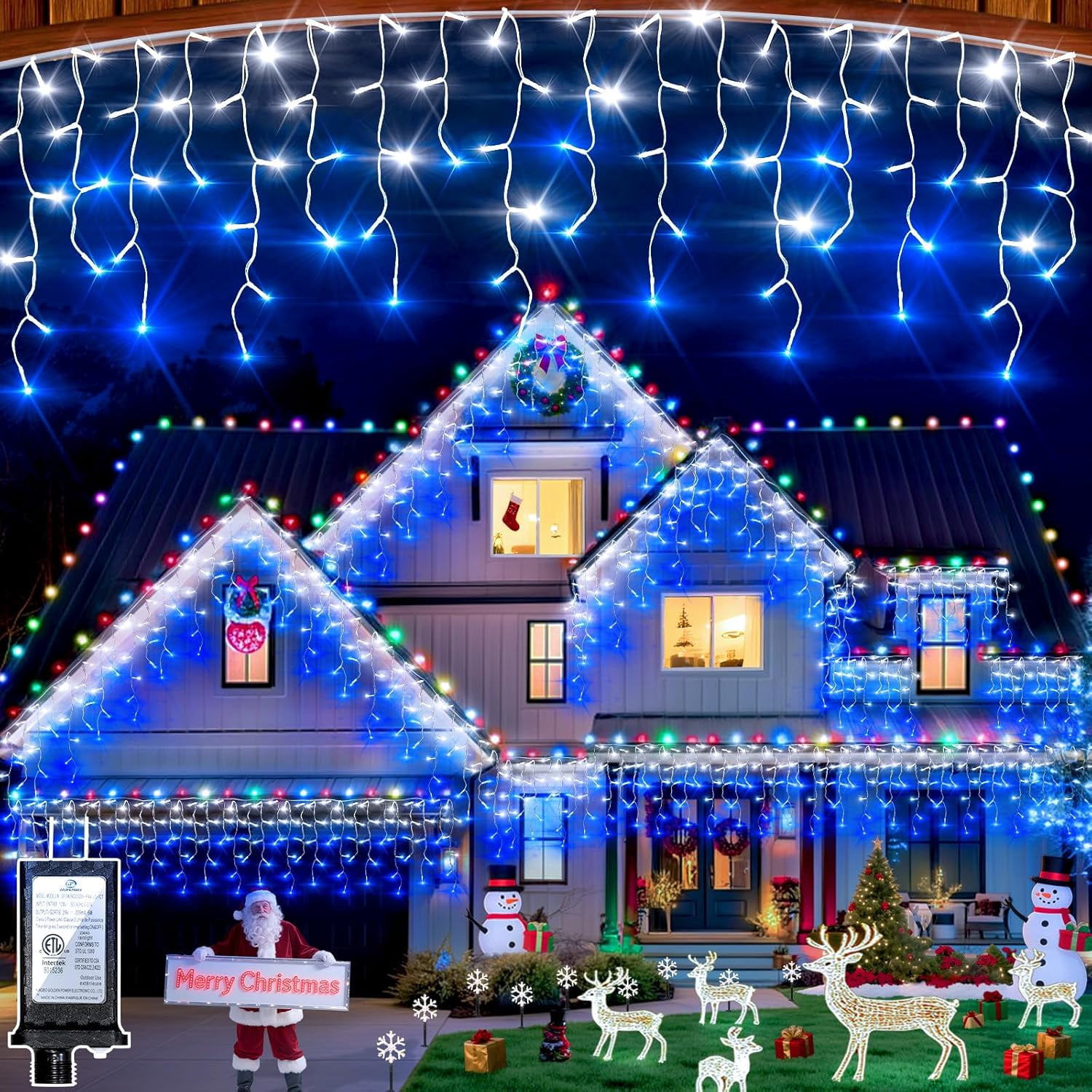 Guirlandes de Noël en Glaçons 504 LED pour l'Extérieur et l'Intérieur, 12 Modes, Minuterie à Intensité Réglable, Rideaux Suspendus avec 49 Pi et 112 Pendants, Guirlande Lumineuse Scintillante pour Décorations de Noël de Cabane dans les Arbres et de Pièce, Blanc Froid et Bleu