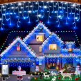 thumbnail image 1 of Guirlandes de Noël en Glaçons 504 LED pour l'Extérieur et l'Intérieur, 12 Modes, Minuterie à Intensité Réglable, Rideaux Suspendus avec 49 Pi et 112 Pendants, Guirlande Lumineuse Scintillante pour Décorations de Noël de Cabane dans les Arbres et de Pièce, Blanc Froid et Bleu, 1 of 8
