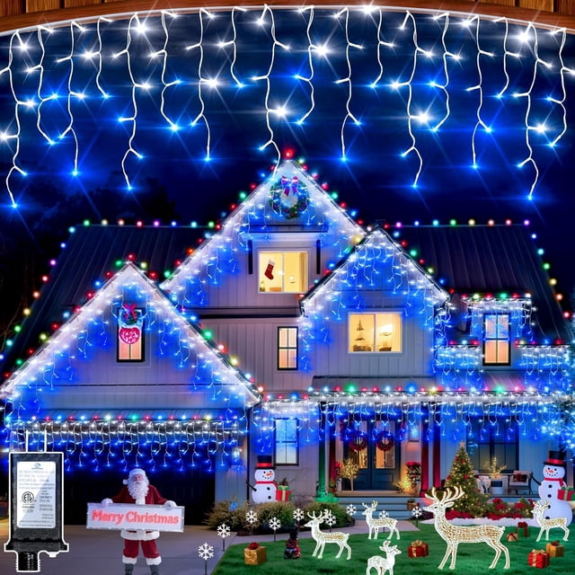 Guirlandes de Noël en Glaçons 504 LED pour l'Extérieur et l'Intérieur, 12 Modes, Minuterie à Intensité Réglable, Rideaux Suspendus avec 49 Pi et 112 Pendants, Guirlande Lumineuse Scintillante pour Décorations de Noël de Cabane dans les Arbres et de Pièce, Blanc Froid et Bleu