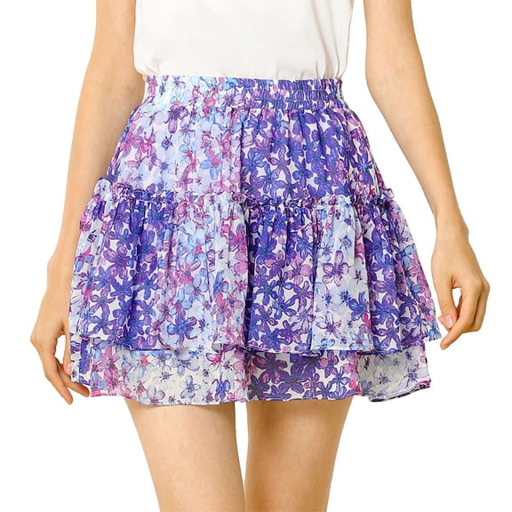 Unique Bargains Jupe Courte Mini Trapèze à Taille Haute Élastique à Motif Floral pour Femme