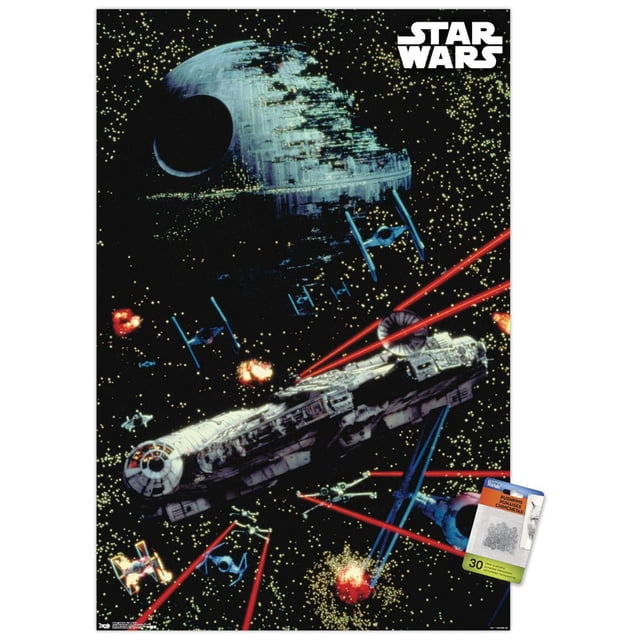 Star Wars : Saga - Affiche Murale de Bataille Spatiale, 22,375 Po x 34 Po Représentant l'Étoile de la Mort, Plusieurs Chasseurs blue TIE et le Faucon Millenium Tirant des Faisceaux laser Rouges sur un Fond Spatial Noir Rempli d'Étoiles avec le logo Star Wars Blanc en Haut à Droite. Convient à la Déco Maison et aux Événements à Thème.