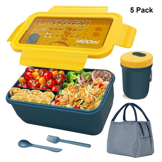 MesaSe Boîte à Lunch Bento Portable pour Adultes et Enfants avec 3 Compartiments 1400 ml Trousse de Boîte à Lunch Bento Étanche Contenant à Lunch Inclus Sac à Lunch Isolé Réutilisable Tasse à Soupe Cuillère et Fourchette