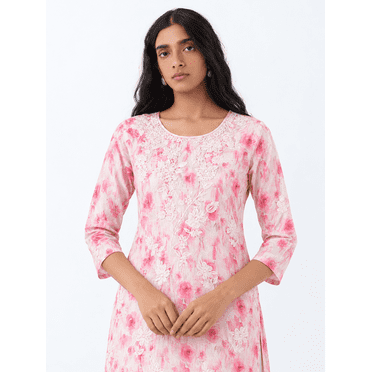 DWEEP SARA Kurta Droite Brodée en Mélange de Coton Blanc pour Femmes 3TG Tunique Ethnique Imprimée Haut Manches 3/4 Col Rond Tenue Festive
