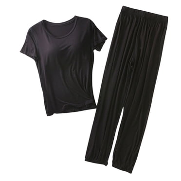 Cameland Women Plus Size Pajama Sets Women Solid Color Round Neck Short Sleeve with Chest Pad Top with Trousers Home Wear Set