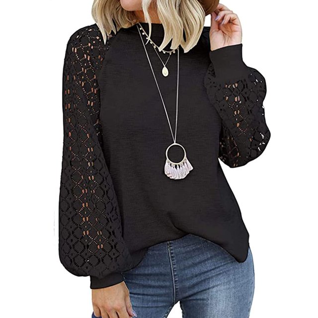 Coloody Hauts en Dentelle à Manches Longues pour Femmes Blouses Décontractées de Bureau Col Rond T-Shirts Unis