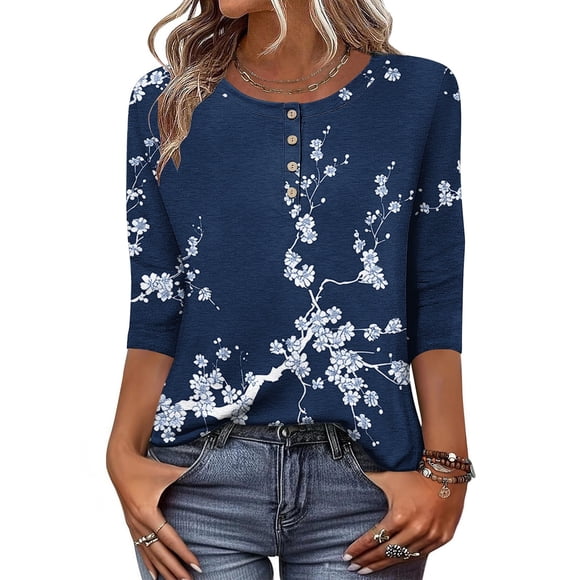 Jacenvly Womens Tops Casual Clearance Ladies' Fashionable Printed Casual Button Round Neck Three Quarter Sleeve 3/4 Sleeve T-shirt Loose Top Tops for Women Plus Size