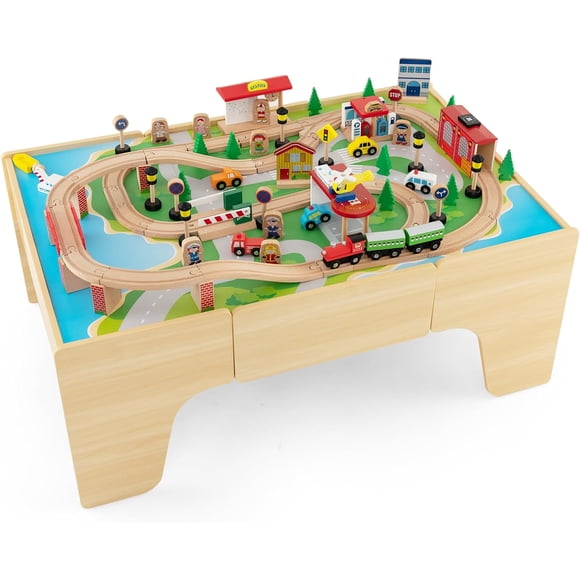 OLAKIDS Train Table, 84 Pieces Wooden Kids Activity Toy Table Playset with Storage Drawer Reversible Detachable Tabletop, Tracks, Train, Railway, City, Gift for Toddler Boys Girls Ages 3+