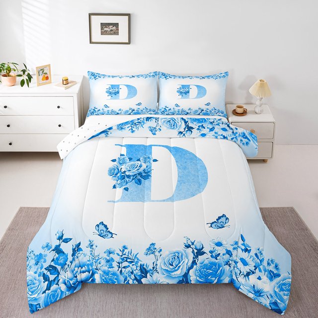 Erosebridal Ensembles de Literie Initiale Florale Double avec Couette, Insert de Couette Fleur Papillon, Déco de Chambre Ado, Réversible, 3 Pcs