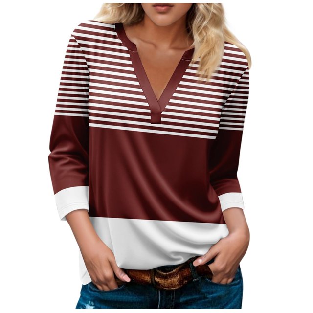 FAIWAD Hauts pour Femmes Classiques à Rayures Color Block T-Shirts Habillés Décontractés Col en V Manches 3/4 Blouses