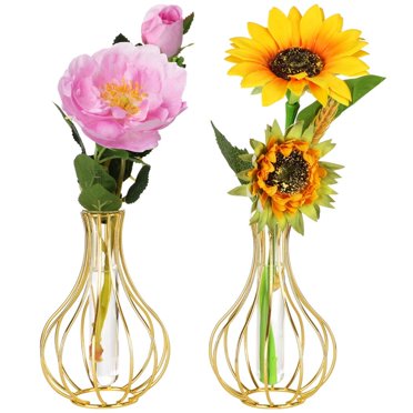 2 Pcs Gold Flower Vases, Metal Decor Vases with Glass Test Tubes, Small Geometric Bud Vases, Clear Propagation Stations with Metal Stands, Modern Vases for Home Decor