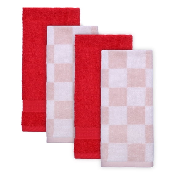 Mainstays 4-Pack Hand Towels, Pink Check