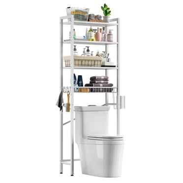 Biemlerfn Over The Toilet Storage Shelf, 4-Tier Wooden Bathroom Organizer Adjustable Saver Space Rack with Toilet Paper Holder, White