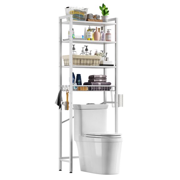 Biemlerfn Étagère de Rangement au-Dessus de la Toilette, Organisateur de Salle de Bain en Bois à 4 Niveaux, Support Gain de Place Ajustable avec Porte-Papier Hygiénique, Blanc