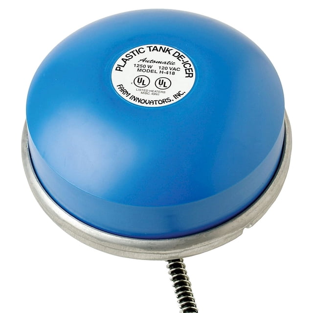 Farm Innovators Ice Chaser 1250 Watt Cast Aluminum Floating Tank Deicer with a blue dome-shaped top and silver cast aluminum base. Designed to float on water, it features a thermostatically controlled 1250-watt heating element to prevent freezing in livestock tanks. Includes an anti-chew cord protector for safety and is suitable for use in plastic or metal containers. Dimensions are 7.75 x 8 x 4.75 inches.