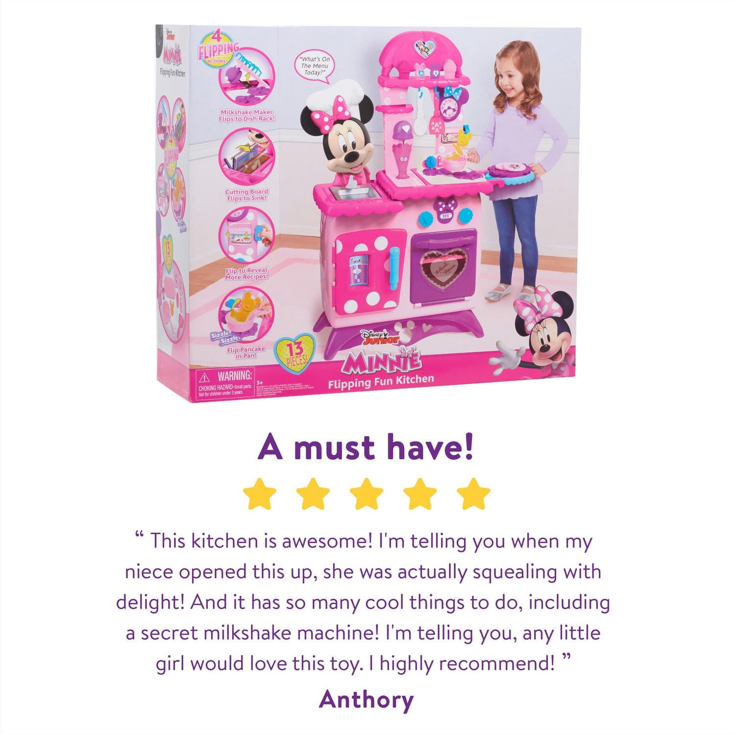 Disney Junior Minnie Mouse Flipping Fun Pretend Play Kitchen Set, Play Food, Realistic Sounds
