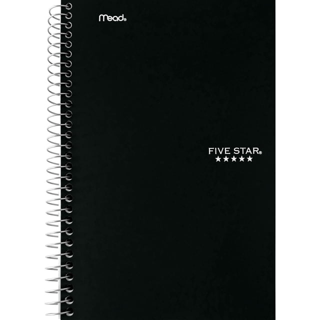 Five Star 2 Subject 160pg 9.5" Notebook with black water-resistant poly cover and spiral binding, featuring white Mead and Five Star logos, 160 ruled pages, and reinforced storage pocket, suitable for school or office use.