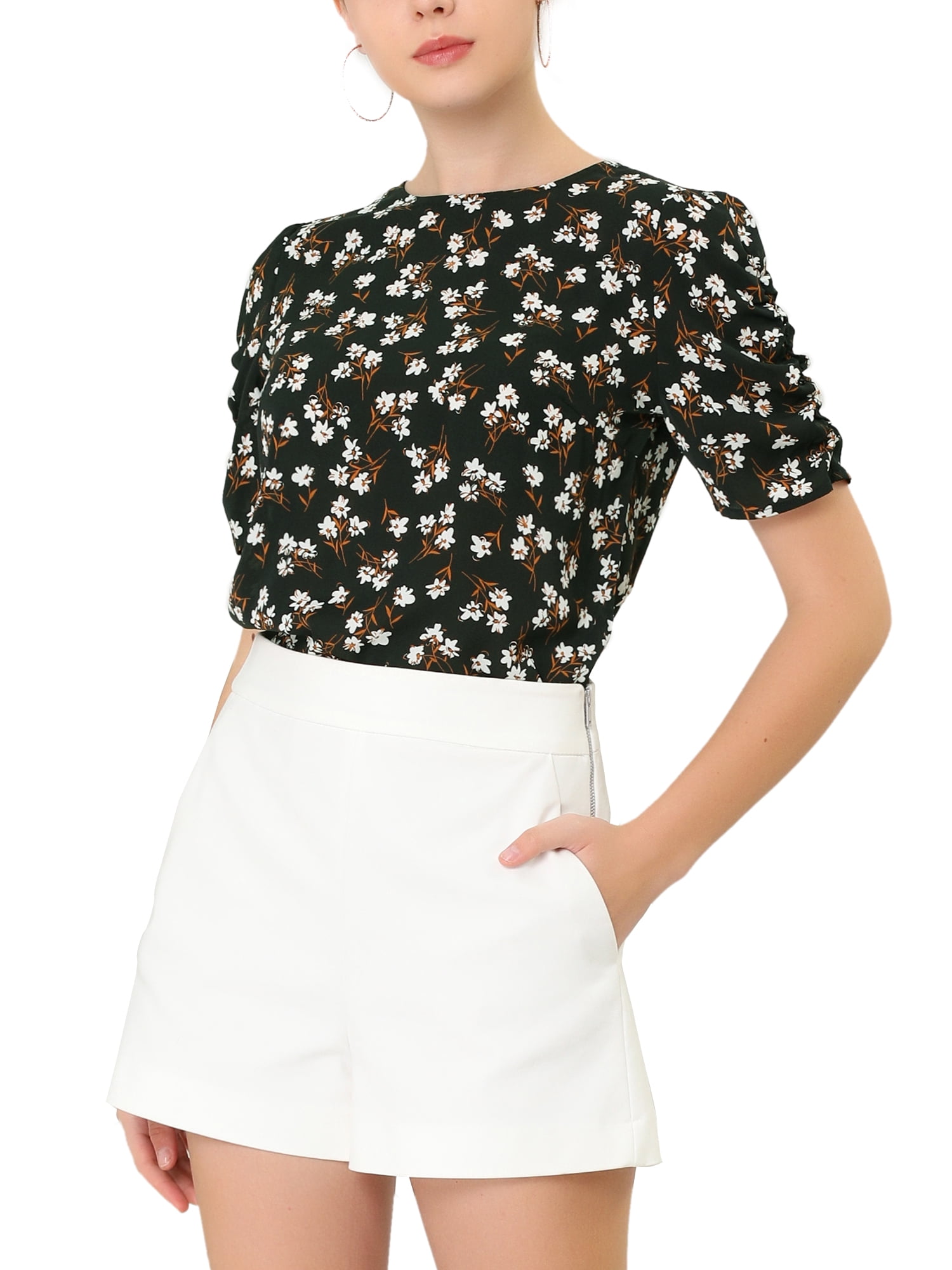 INSPIRE CHIC Haut Floral Élégant pour Femme à Manches Courtes Froncées, Coupe Régulière