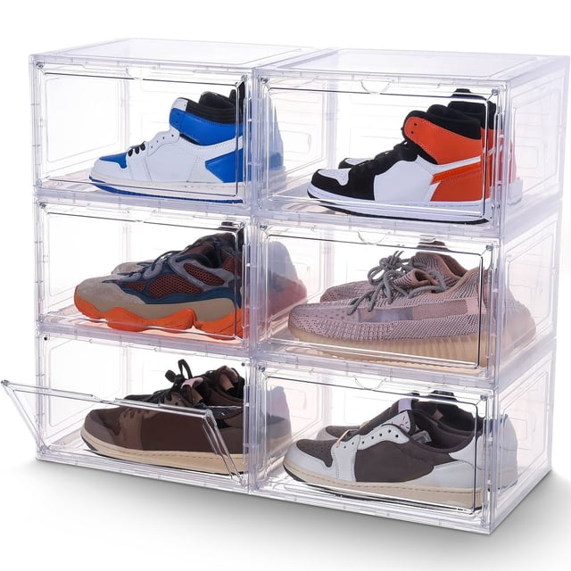 Stelive 6PCS Shoe Display Box Shoe Box Storage Container Stackable Shoe Storage Box measuring 33.4x27.5x22.3cm. The image shows six transparent plastic shoe boxes stacked in two columns, each containing a pair of shoes. The boxes feature a magnetic door design for easy access and a durable, stackable structure. Suitable for storing various shoe types, including sneakers and high heels, and ideal for closets, under-bed storage, or entryways.