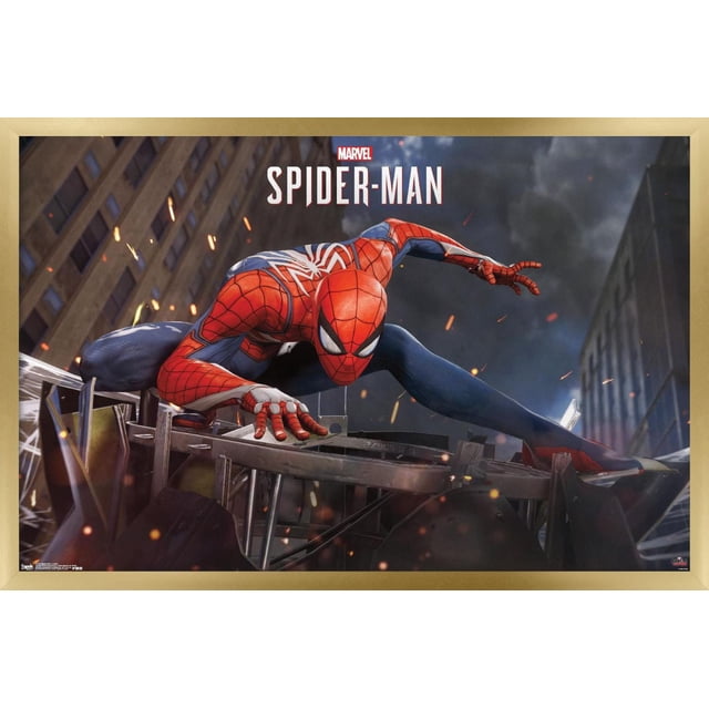 Marvel Comics - Spider-Man - Action Wall Poster, 22.375" x 34" depicting Spider-Man crouched on metal debris in his red and blue suit with a white spider emblem, surrounded by sparks and a dark cityscape, suitable wall art for home décor or kid's room.