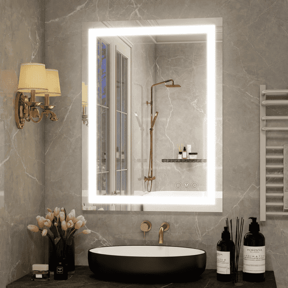 BEAUTYPEAK 24"x32" LED Bathroom Mirror Anti-Fog Vanity Wall Mirror with 3 Color Dimmable Light Touch Control Mirror , White