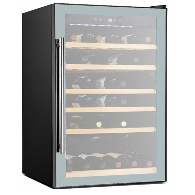 iComfort Refroidisseur de Vin - Capacité de 48 Bouteilles avec Extérieur Noir, Porte en Verre Miroir à 60 %, Poignée en Acier Inoxydable, Tablettes en Bois Remplies de Bouteilles de Vin, Affichage de la Température à DEL, Refroidissement par Compresseur, Faible Bruit et Faible Consommation d'Énergie, Température Réglable de 5° à 18 °C pour Vins Rouges, Blancs et Rosés, Convient Aussi au Rangement de Bouteilles de Bière Artisanale.