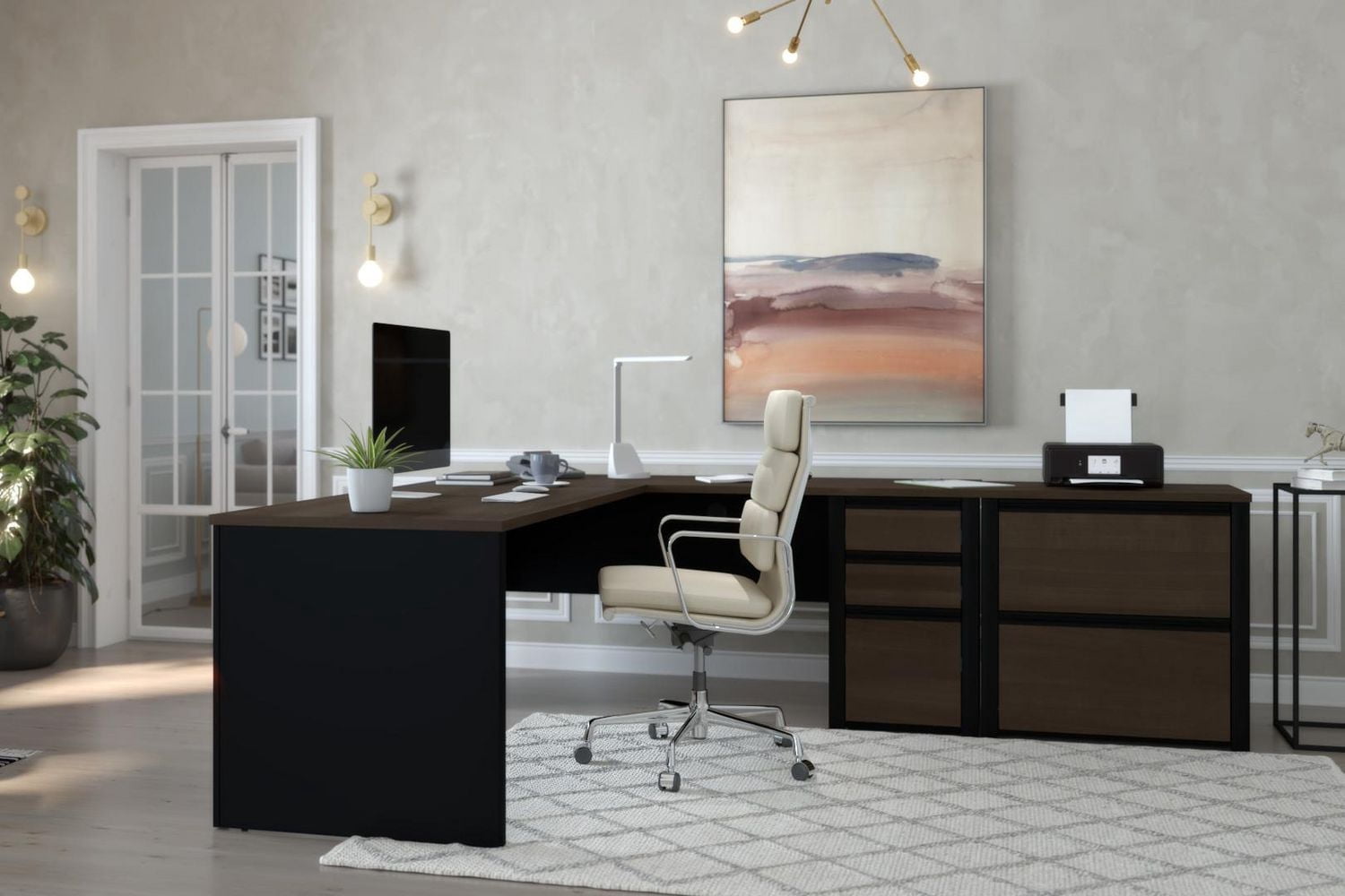 Bestar Connexion 2-Piece set including an L-shaped desk and a lateral file cabinet in antigua & black