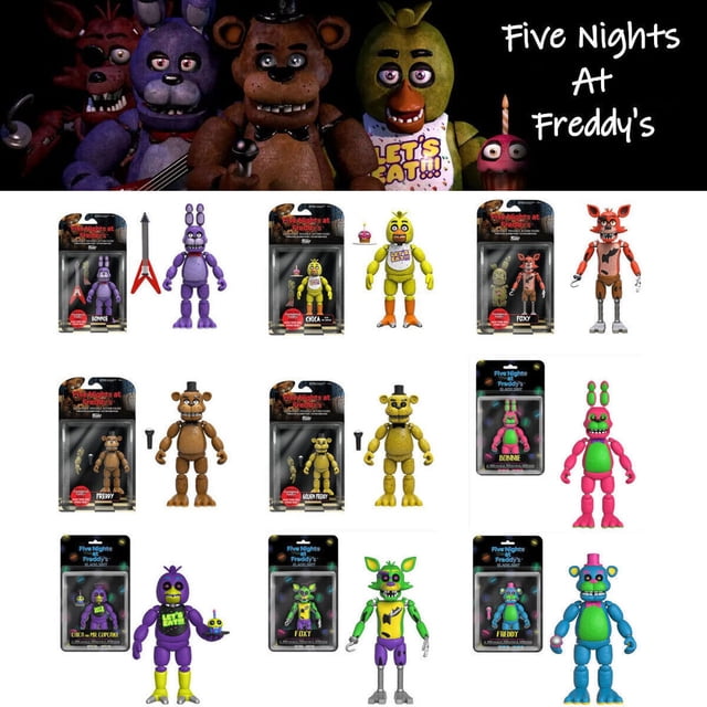 FNAF FIVE NIGHTS AT FREDDY'S Springtrap Ensemble de 9 Figurines Articulées d'Action. l'Ensemble Comprend des Figurines Détaillées en PVC d'Environ 10 cm de Taille, Mettant en Vedette des Personnages comme Bonnie, Chica, Foxy, FREDDY et Autres. Chaque Figurine Est Emballée dans une Boîte avec des Accessoires comme des Guitares et des microphones. les Figurines Sont aux Couleurs Vives et Conçues pour Ressembler à des Personnages de la Série FIVE NIGHTS AT FREDDY'S.