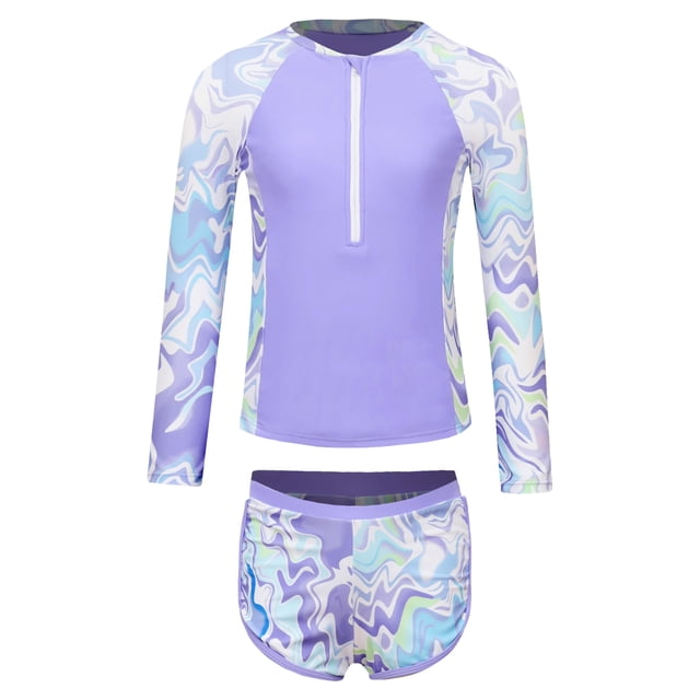 renvena Kids Girls Floral 2 Pcs Rash Guard Sets Zip Neck Swim Shirts With Shorts Swimsuits Lavender 8Y