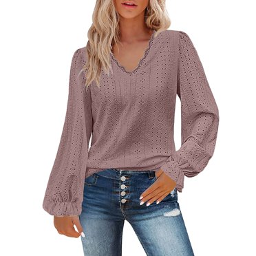 T-Shirt à Manches Longues pour Femmes en Liquidation, Haut en Coton à Manches Longues pour Femmes, T-Shirt Uni à Col en V pour Femmes, Automne, Manches Plissées Décontractées, Haut en Dentelle à Manches