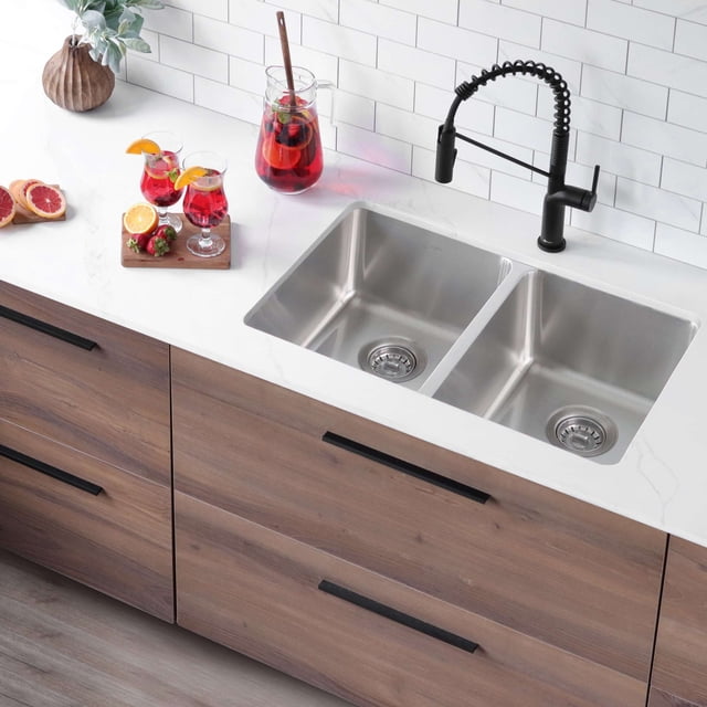Stylish Dual-Mount 29" Double-Bowl Stainless Steel Kitchen Sink S-414T