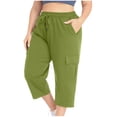thumbnail image 3 of QATAINLAV Plus Size Capri Pants for Women Casual Summer Wide Leg Short Jogger Sweatpants Solid Drawstring Cargo Cropped Trouser with Pockets Green L Ropa de Verano Para Mujer, 3 of 10