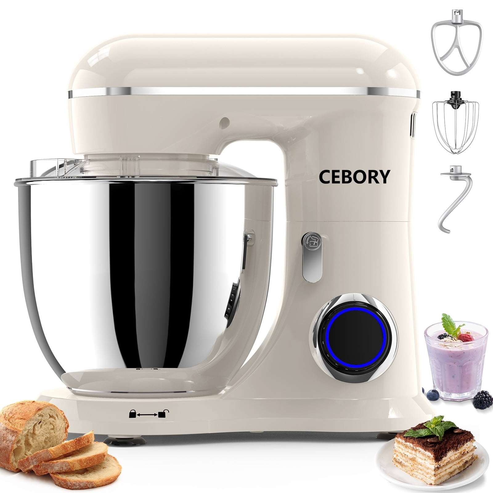 Refurbished CEBORY SM-1533 3-IN-1 Stand Mixer, 6.5 QT Tilt-Head 10-Speed Food Mixer, Almond Cream