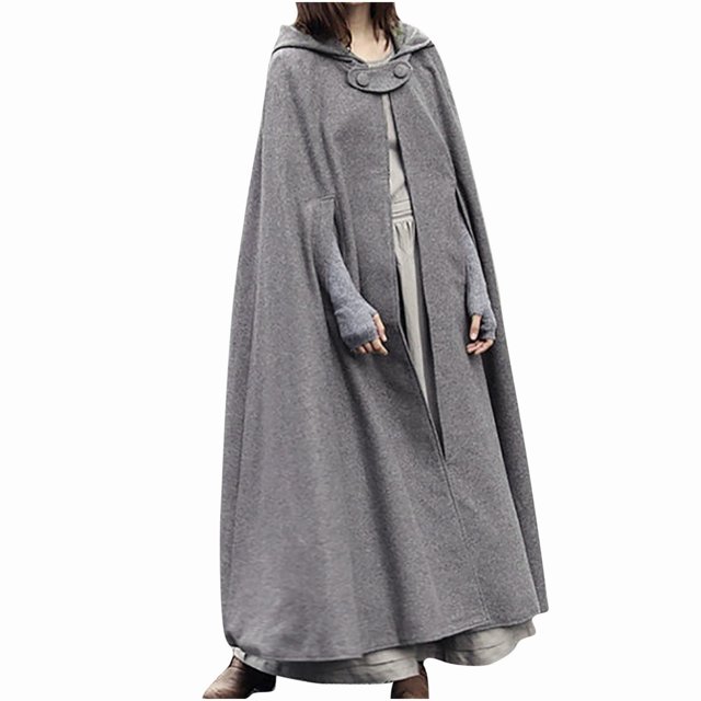 KIHOUT Spring Winter Warm Coat Women Fashion Solid Color Hooded Button Cloak Split Fork Woolen Overcoat,Size S-2XL