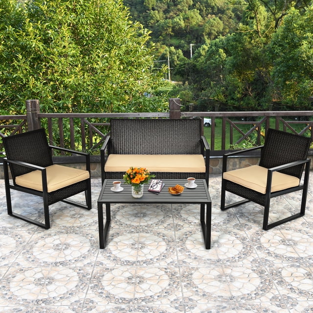 Gymax Ensemble de Mobilier d'Extérieur en Rotin Osier 4 Pcs, Ensemble de Conversation pour Patio avec Coussins