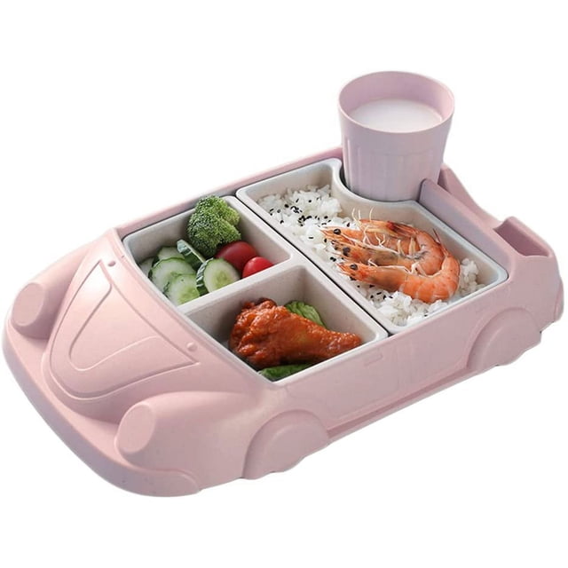 Assiette pour Enfants, Vaisselle pour Enfant Portable Antidérapant, Set Repas Bébé Ventouse Voiture De Dessin Animé pour La Plupart des Tables Et des Chaises Hautes (Rose). A pink car-shaped children's plate made of bamboo fiber plastic with multiple compartments for food, including sections for vegetables, rice, shrimp, and a drink. Features a suction base for stability and a detachable design for easy cleaning.