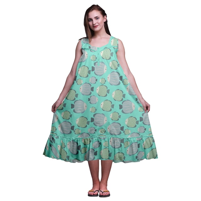 Bimba Vert Aigue-Marine2 Mérou Océan Imprimé Poisson Chemises de Nuit en Coton pour Femmes Robe Sans Manches Tenue de Nuit Robe Maxi Moyen
