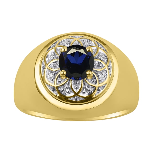 RYLOS Men's Rings Yellow Gold Plated Silver Designer Gypsy 7MM Round Gemstone & Diamond Ring Sapphire September Size 12