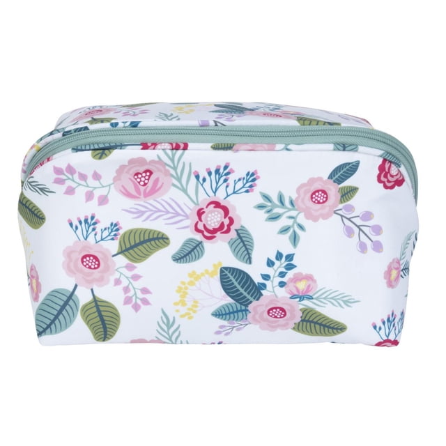 Equate Beauty cosmetic bag - Diagonal Zip-Around Organizer with multicolour floral print on white, featuring a wide zip-around closure and large rectangular shape for storing makeup, brushes, and toiletries, ideal for home or travel organization.