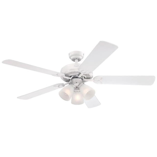 Westinghouse 7236400 52 in. ceiling fan with dimmable LED light fixture featuring a white finish and reversible blades in white and white washed pine. Includes three frosted ribbed glass shades and LED bulbs for energy-efficient illumination. This traditional ceiling fan provides substantial air circulation and is ideal for indoor use in kitchens, living rooms, or bedrooms.