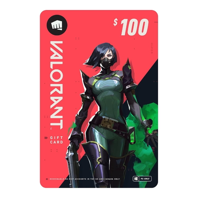 Riot Valorant $100 digital gift card featuring a futuristic female character in green and black armor holding a pistol with green smoke effects, set against a red and black background, redeemable on PC accounts in the US and Canada.