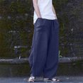 thumbnail image 4 of Pantalons pour Femmes Coupe Décontractée - Mode Femmes Décontracté Coton Lin Poche Pantalon Ample Bleu Foncé TG, 4 of 9