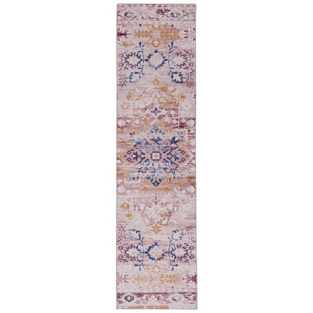 Micah 2' x 8' washable runner rug in ivory and gold with antique-inspired distressed floral and geometric patterns in pink, gold, blue, and purple on a neutral background, made of stain-resistant polyester with nonslip backing, suitable for kitchens, hallways, or laundry rooms.