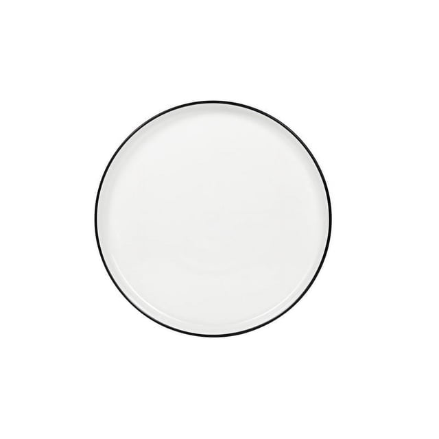 Mainstays Black rim Stoneware Round Dinner Plate with a white stoneware surface and thin black rim, shown from above on a white background, microwave and dishwasher safe, suitable for everyday meals and casual entertaining.