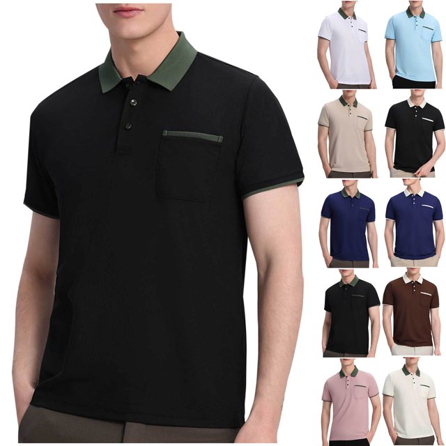 Sentmoon Blouses Plus Size Loose Turndown Collar Short Sleeve Mens Tops Summer 2025 with Pockets Button up Solid Color Mens Dress Shirts Streetwear for Wedding Guest Khaki XXXL
