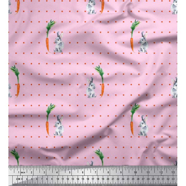 Soimoi Cotton Voile Fabric Carrot & Rabbit Dots Print Fabric by the Yard 56 Inch Wide