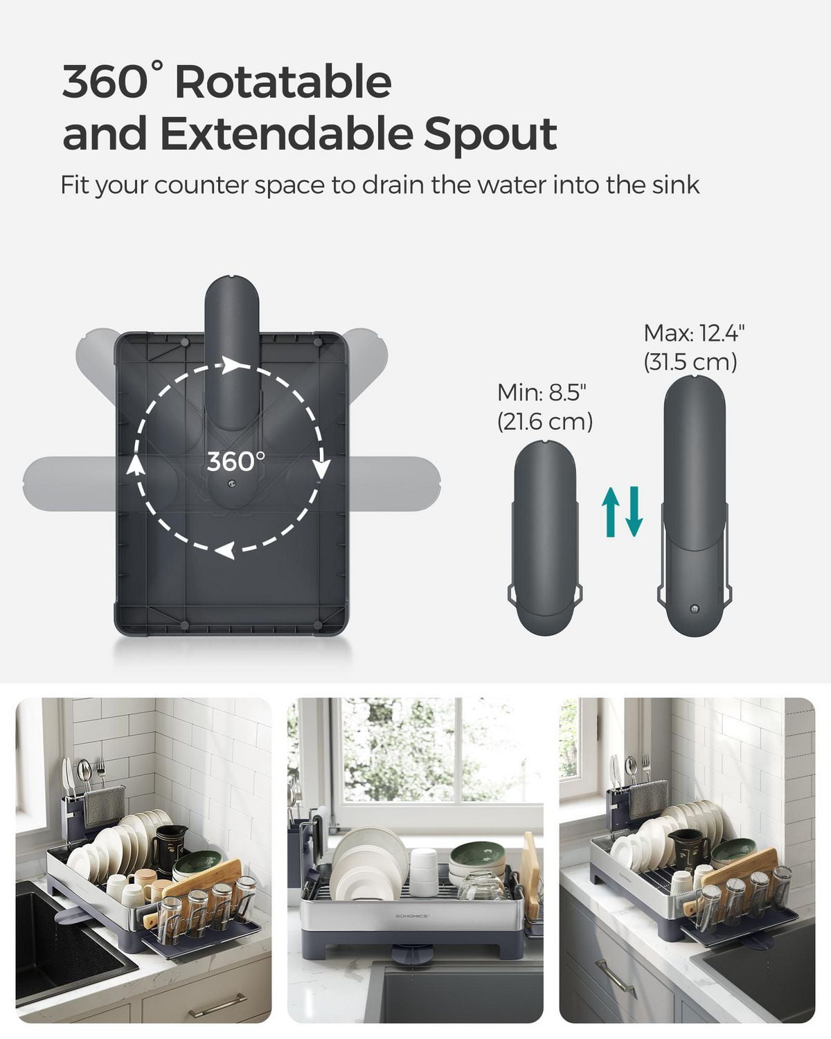 Songmics Home - Small Stainless Steel Dish Drying Rack Drain, Utensil Holder, Silver and Black