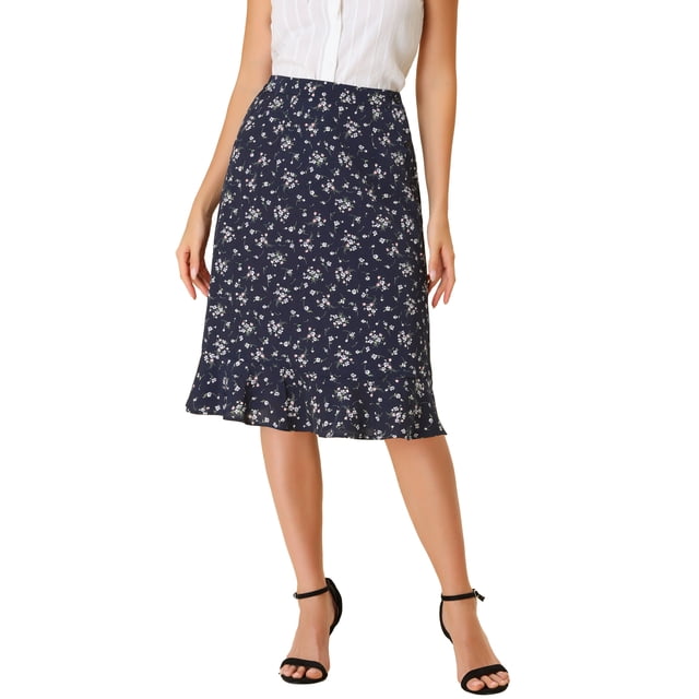 Unique Bargains Jupe Midi Fendue à Taille Élastique pour Femme à Imprimé Floral avec Ourlet à Volants