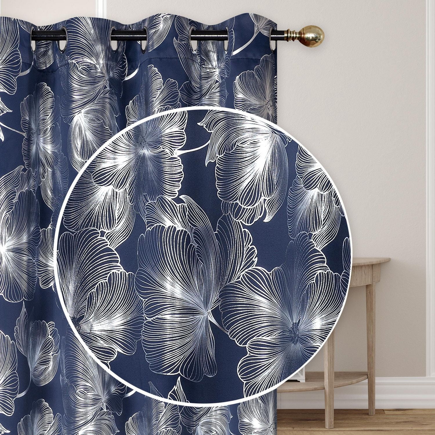 IH Casa Decor Foil Print Pannel W 8 Grom Hibiscus Navy Blue 84" - Ensemble De 2